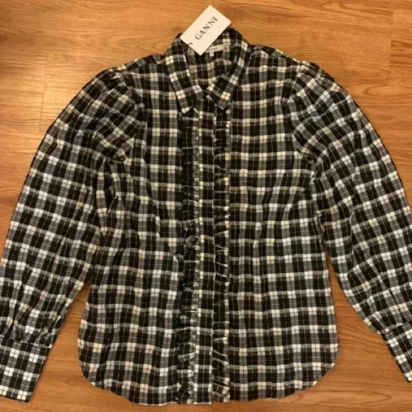 GANNI NWT Seersucker Checkered Tuxedo Ruffle Front Top Blouse 36 4 Black White - Picture 4 of 9